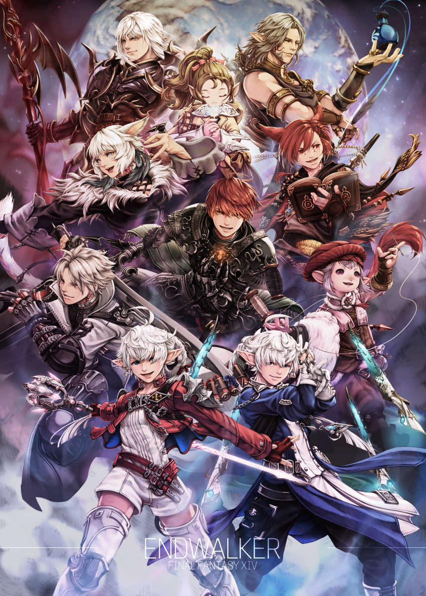 4girls 6+boys absurdres alisaie_leveilleur alphinaud_leveilleur animal_ears armor armored_boots avatar_(ff14) bangs book boots breastplate cat_ears closed_eyes closed_mouth coat copyright_name dark_knight_(final_fantasy) dragoon_(final_fantasy) elezen elf estinien_varlineau fighting_stance final_fantasy final_fantasy_xiv fingerless_gloves floating floating_object floating_weapon flower g'raha_tia gauntlets gloves grey_hair gunbreaker_(final_fantasy) hair_over_one_eye hat hat_feather highres holding holding_needle holding_weapon hyur ink ink_bottle jacket krile_mayer_baldesion_(ff14) lalafell lips long_hair long_sleeves looking_afar looking_at_viewer mihira_(tainosugatayaki) miqo'te multiple_boys multiple_girls needle open_mouth pants planet pointy_ears polearm purple_hair red_mage redhead sage_(final_fantasy) sewing_needle short_hair sleeveless smile standing tataru_taru thancred_waters thigh-highs thigh_boots thread title urianger_augurelt weapon white_hair y'shtola_rhul