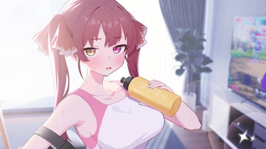 1girl bangs blurry blurry_background blush bottle breasts brown_eyes eyebrows_visible_through_hair hair_ribbon heterochromia highres holding holding_bottle hololive houshou_marine indoors large_breasts long_hair parted_lips plant potted_plant pretty_mundane red_eyes red_ribbon redhead ribbon ring_fit_adventure shirt solo squeeze_bottle sweat television upper_body virtual_youtuber white_shirt