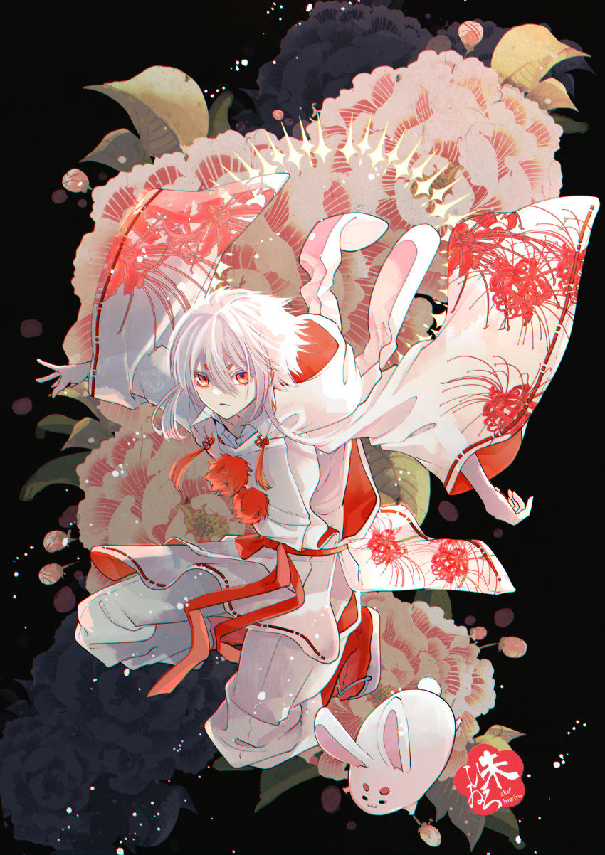 1boy absurdres bangs black_flower breasts clothing_request flower highres japanese_clothes medium_breasts original rabbit red_eyes red_flower reu_(pixiv6176367) solo spider_lily white_hair