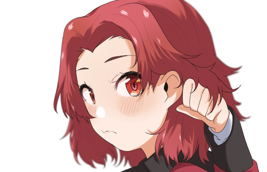 1girl blush closed_mouth commentary ear_focus frown girls_und_panzer hand_in_own_hair highres jacket long_sleeves looking_at_viewer medium_hair military military_uniform orange_eyes portrait red_jacket redhead rosehip_(girls_und_panzer) simple_background solo st._gloriana's_military_uniform uniform white_background zono_(inokura_syuzo029)