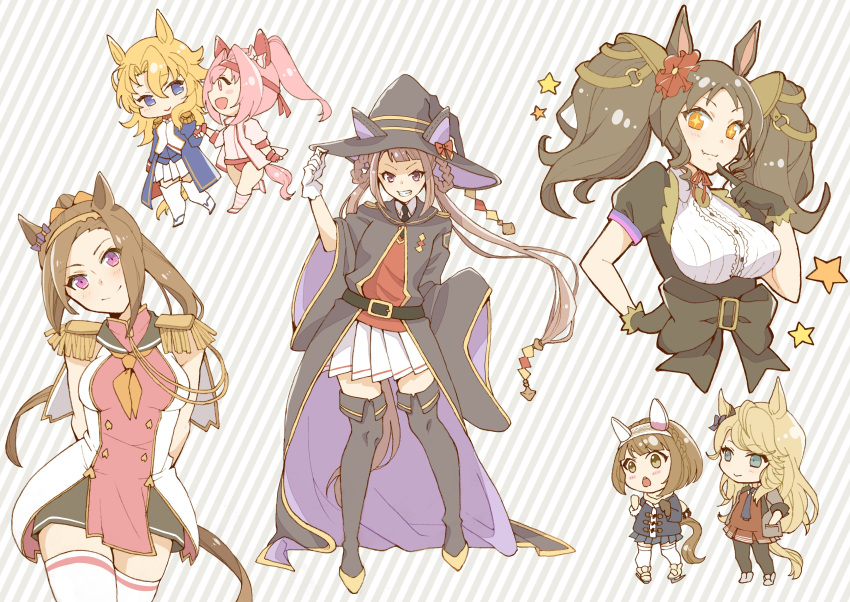 +_+ 6+girls :d absurdres animal_ears bangs black_coat black_dress black_footwear black_gloves black_legwear black_necktie blonde_hair blue_coat blue_eyes boots brown_hair buruma chibi coat dress enonko fold-over_boots full_body gloves gold_city_(umamusume) grin hair_ornament hand_in_pocket haru_urara_(umamusume) hat headband highres horse horse_ears horse_girl jacket long_hair looking_at_another multiple_girls necktie orange_eyes pink_eyes pink_hair red_buruma red_dress red_gloves red_shirt shirt short_sleeves skirt sleeveless sleeveless_dress smile star_(symbol) striped striped_background sweep_tosho_(umamusume) teeth thigh-highs thigh_boots track_jacket track_uniform twintails umamusume violet_eyes white_dress white_gloves white_jacket white_legwear white_skirt witch_hat