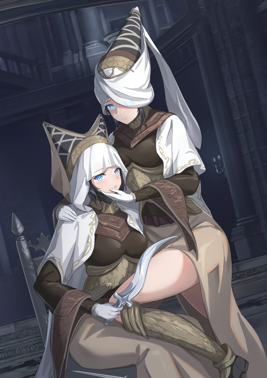 2girls absurdres alternate_skin_color armor armored_dress black_hair blue_eyes cape chair dagger dress elden_ring glowing glowing_eyes hand_on_another's_face hand_on_another's_shoulder headdress highres knife multiple_girls night_maiden_(elden_ring) user_wtxr2258 weapon white_cape