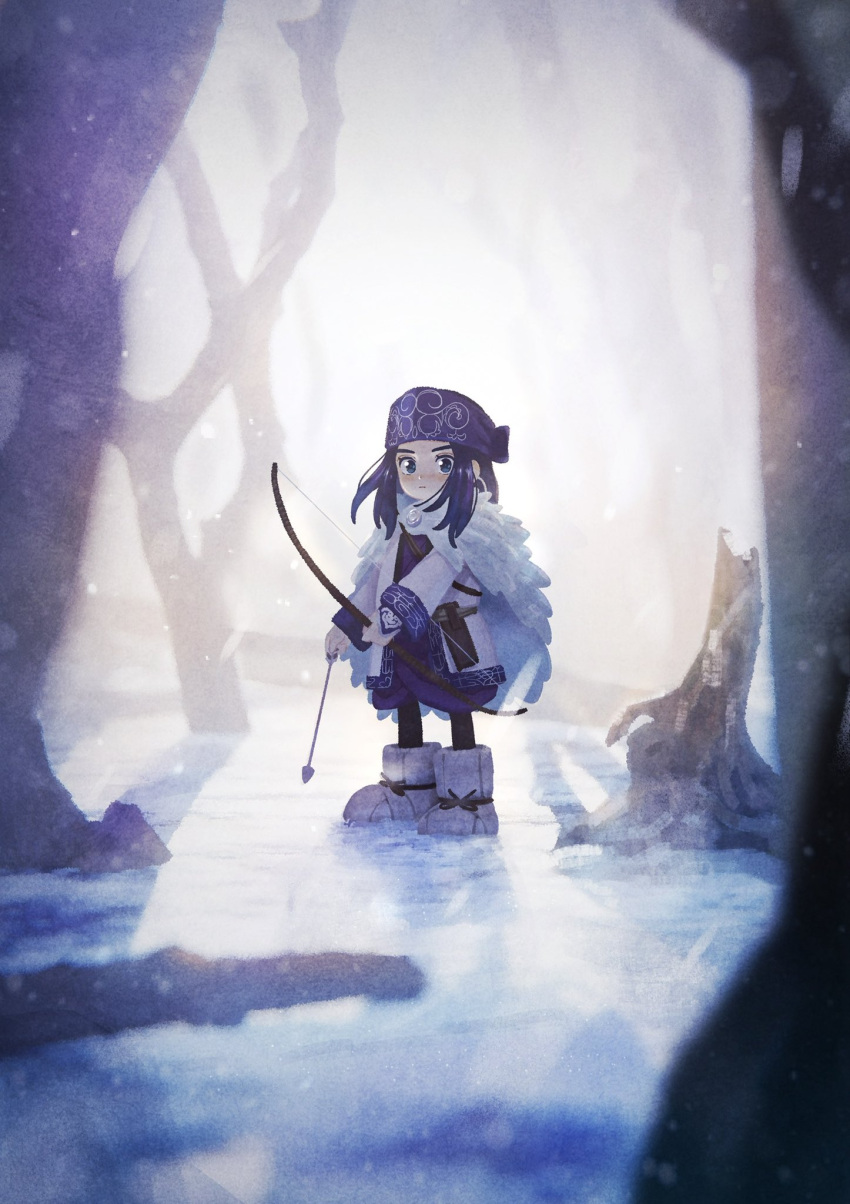 1girl ainu ainu_clothes arrow_(projectile) asirpa black_hair blue_eyes blush boots bow_(weapon) cape fur_cape golden_kamuy highres holding holding_arrow holding_bow_(weapon) holding_weapon kunitarou-art long_hair long_sleeves looking_at_viewer shadow snow solo weapon white_footwear