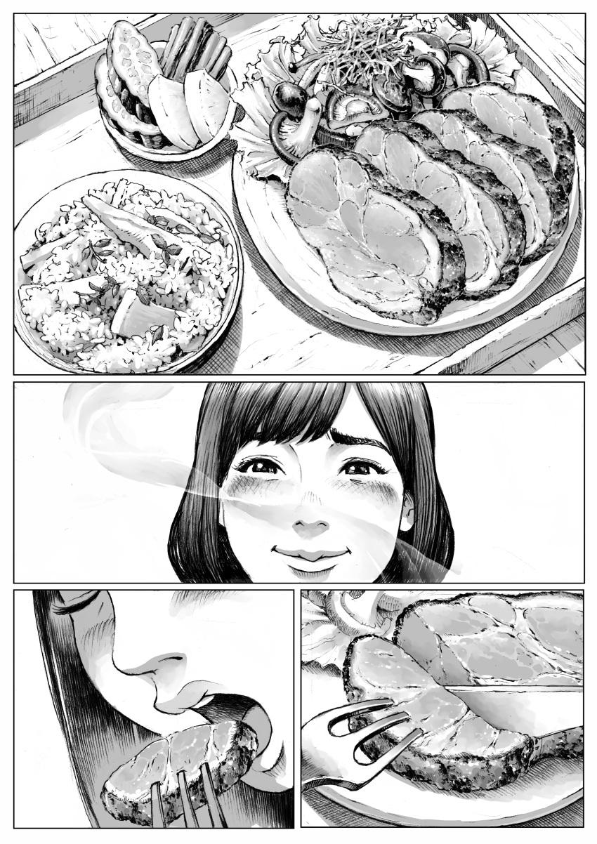 1girl absurdres blush bowl closed_eyes closed_mouth double_deck eating food food_focus fork greyscale highres medium_hair monochrome mushroom open_mouth original plate rice smile solo steak