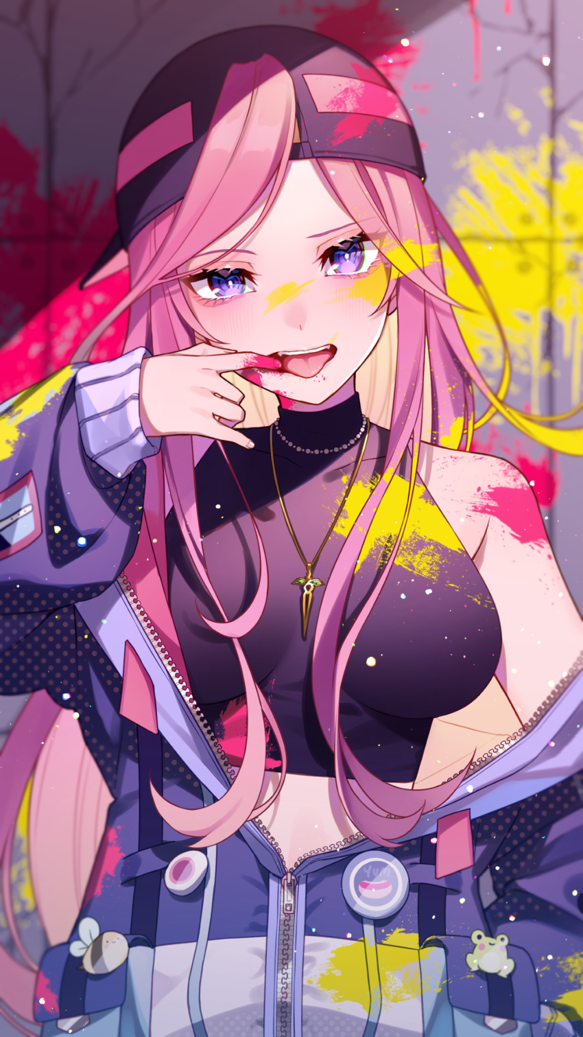 1girl absurdres backwards_hat bangs bare_shoulders baseball_cap black_headwear black_shirt blue_jacket breasts commission copyright_request crop_top finger_to_mouth hat hazakura_chikori highres jacket long_hair long_sleeves medium_breasts open_clothes open_jacket open_mouth paint_splatter parted_bangs pink_hair puffy_long_sleeves puffy_sleeves shirt sleeveless sleeveless_shirt sleeves_past_wrists solo tongue tongue_out very_long_hair violet_eyes