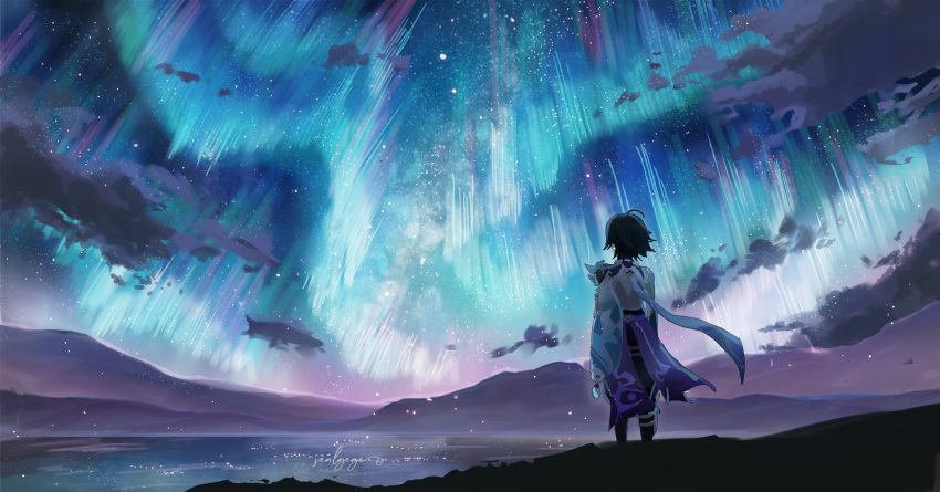 1boy ahoge aurora black_legwear capelet colorful commentary_request facing_away genshin_impact highres looking_up male_focus mountainous_horizon night outdoors sash scenery sealgege short_hair signature sky solo sparkle standing star_(sky) starry_sky xiao_(genshin_impact)