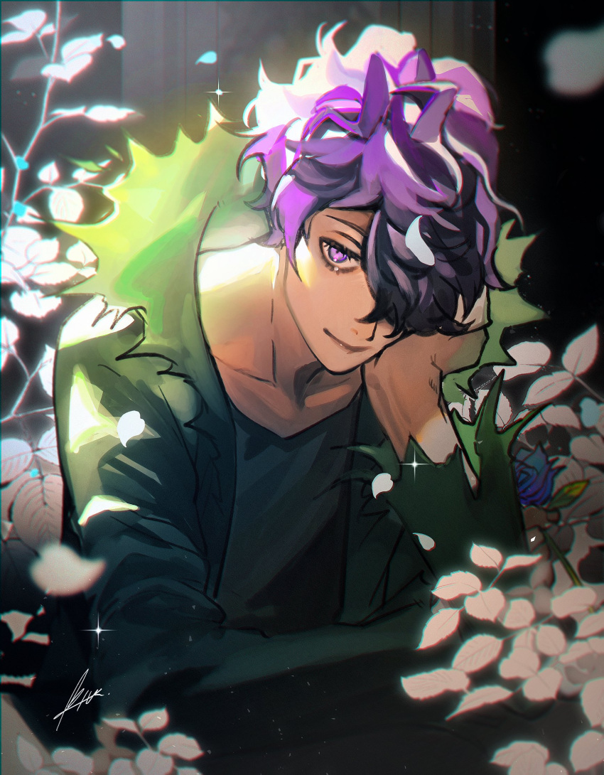 1boy bangs blue_flower blue_rose btmr_game closed_mouth coat commentary elbow_rest flower garry_(ib) hair_over_one_eye head_rest highres ib leaf long_sleeves looking_at_viewer male_focus open_clothes open_coat petals purple_hair rose signature solo sparkle torn_clothes upper_body violet_eyes