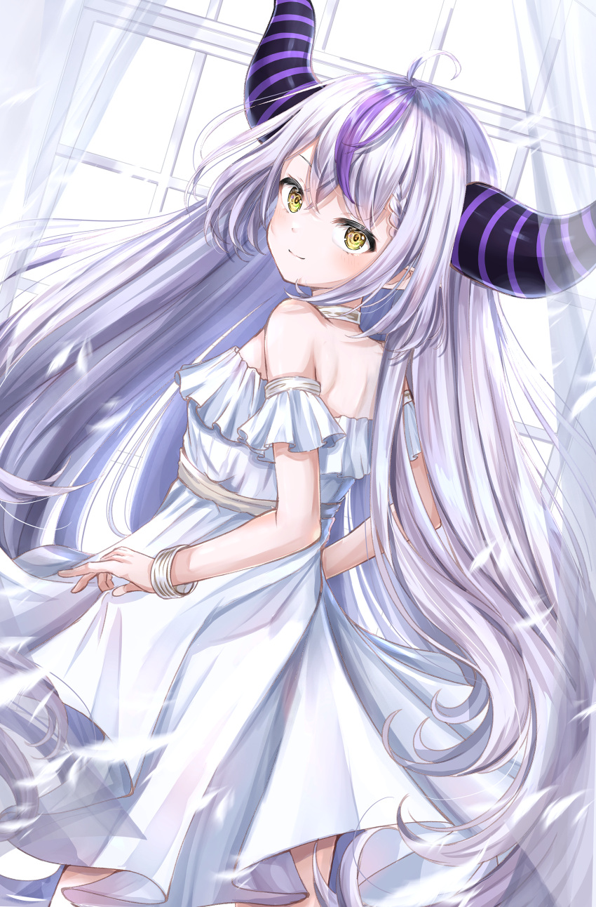1girl absurdres ahoge blush bracelet choker curtains day detached_sleeves dress feathers highres hololive horns indoors jewelry la+_darknesss light long_hair looking_at_viewer multicolored_hair purple_hair silver_hair solo streaked_hair sundress ukiukikiwi2525 very_long_hair virtual_youtuber white_dress wind window yellow_eyes