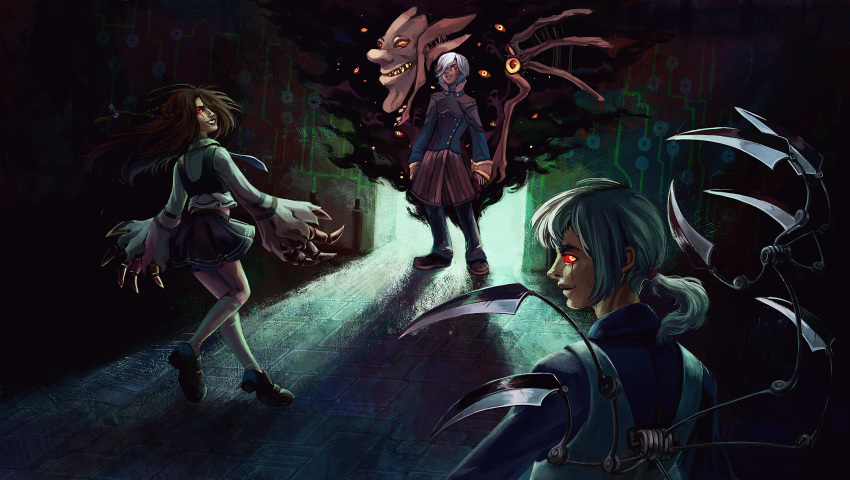 1girl 2boys absurdres alicel aliot_(ragnarok_online) bangs black_footwear black_skirt blue_bow blue_coat blue_necktie blue_pants blue_shirt bow braid brown_hair claws closed_mouth coat commentary demon english_commentary full_body glowing glowing_eyes hair_bow hand_up highres kiel-d-01 long_hair long_sleeves looking_at_viewer looking_back mask multiple_boys necktie pants ragnarok_online red_eyes shirt shoes short_ponytail skirt smile socks upper_body weird--fish white_hair white_legwear white_shirt