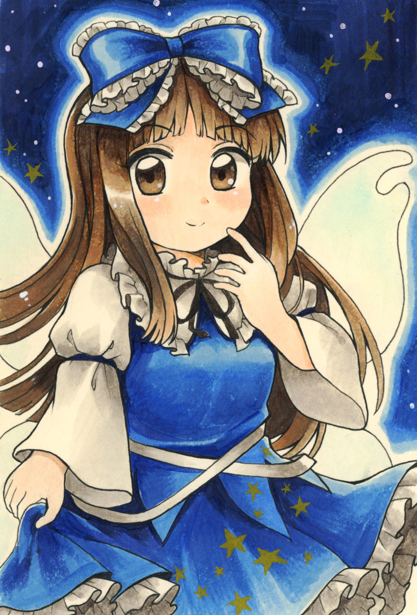 1girl bangs blue_bow blue_skirt blue_vest blunt_bangs bow brown_eyes brown_hair collared_shirt commentary_request fairy fairy_wings frilled_skirt frills hair_bow highres hime_cut juliet_sleeves long_hair long_sleeves maa_(forsythia1729) marker_(medium) puffy_sleeves shirt sidelocks skirt skirt_hold star_sapphire touhou traditional_media very_long_hair vest white_shirt wide_sleeves wings
