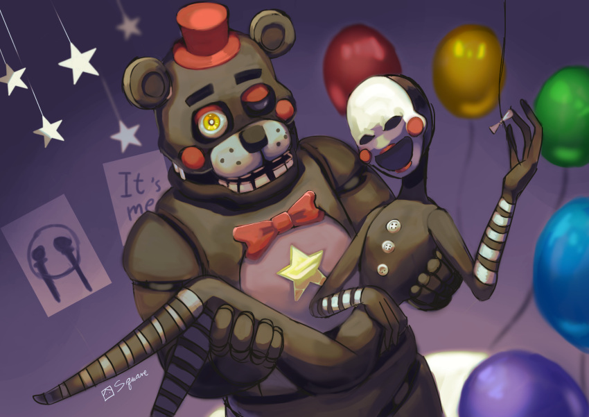 1boy 1other animal_ears animal_robot balloon bear_ears bow bowtie carrying dual_persona five_nights_at_freddy's five_nights_at_freddy's:_pizzeria_simulator hat heterochromia highres hiuki73 lefty_(fnaf) mask mini_hat mini_top_hat princess_carry robot the_puppet_(fnaf) top_hat yellow_eyes