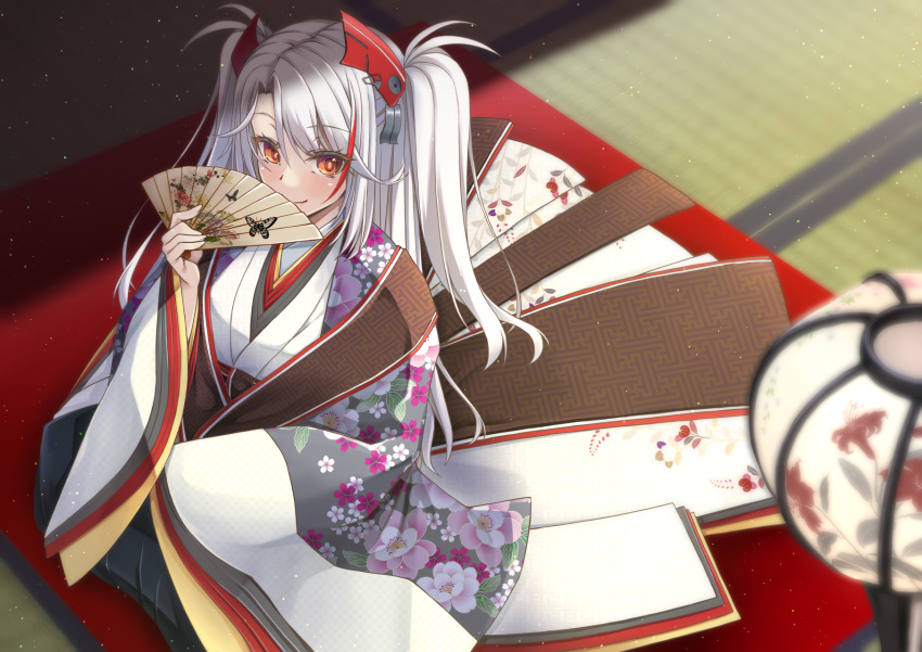 1girl architecture azur_lane east_asian_architecture eyebrows_visible_through_hair floral_print flower folding_fan from_above gekato hand_fan headgear highres holding holding_fan indoors japanese_clothes karaginu_mo kimono layered_clothing layered_kimono long_hair looking_at_viewer looking_up multicolored_hair orange_eyes pink_flower prinz_eugen_(azur_lane) redhead solo streaked_hair two-tone_hair white_hair wide_sleeves