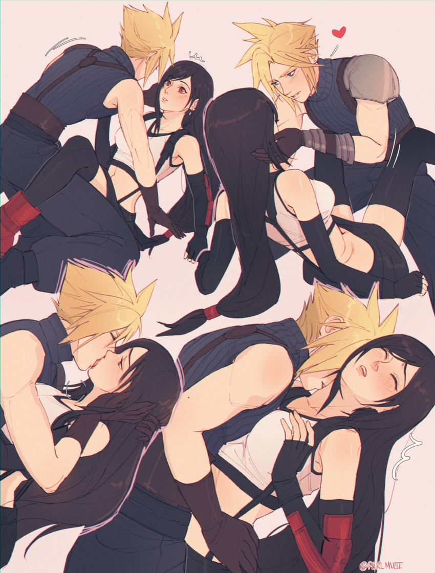 1boy 1girl bare_shoulders black_hair black_legwear black_skirt blonde_hair blue_eyes blush boy_on_top breasts cloud_strife couple crop_top detached_sleeves earrings final_fantasy final_fantasy_vii final_fantasy_vii_remake fingerless_gloves gloves hand_on_another's_face heart highres jewelry kiss large_breasts long_hair looking_at_another low-tied_long_hair midriff perlmuttt red_eyes skirt sleeveless sleeveless_turtleneck spiky_hair suspender_skirt suspenders tank_top thigh-highs tifa_lockhart turtleneck