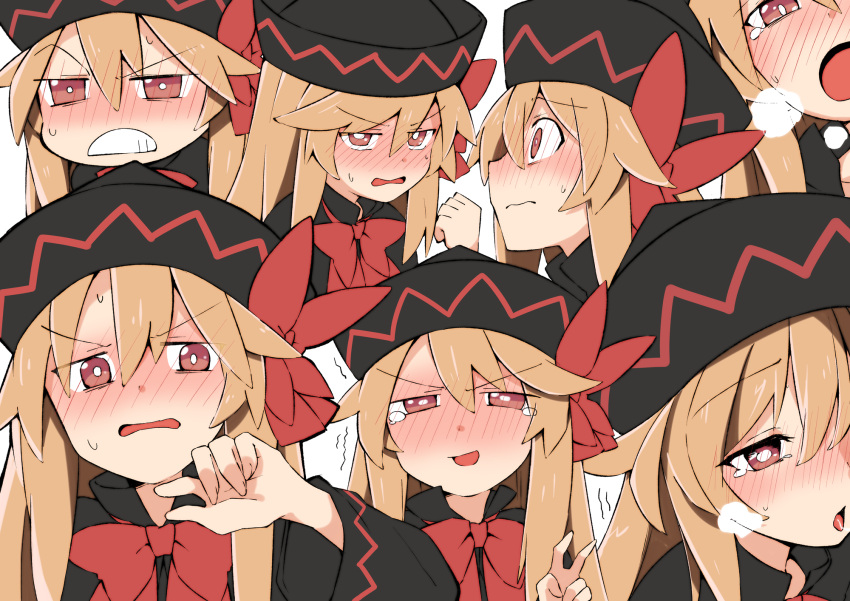 1girl bangs black_headwear blonde_hair blush bow clenched_hand clenched_teeth commentary_request embarrassed expressions eyebrows_visible_through_hair full-face_blush hair_between_eyes hat heavy_breathing highres lily_black lily_white long_hair looking_at_viewer multiple_views open_mouth red_bow red_eyes tearing_up teeth touhou trembling v wide-eyed yutamaro