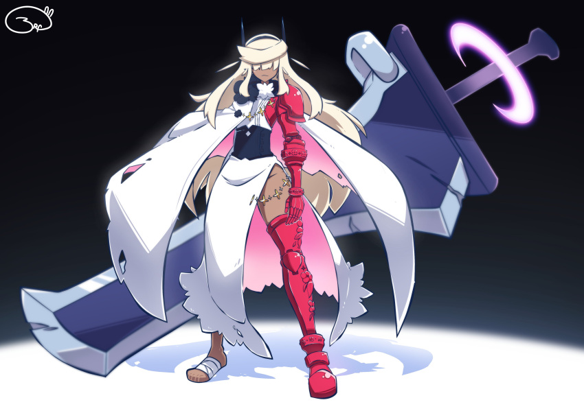 1girl 3rf absurdres amputee belt breasts cape cosplay covered_eyes crossover dark-skinned_female dark_skin dress elden_ring greatsword guilty_gear guilty_gear_strive highres long_hair looking_at_viewer malenia_blade_of_miquella mechanical_arms medium_breasts prosthesis prosthetic_arm prosthetic_leg ramlethal_valentine red_cape simple_background single_mechanical_arm solo sword thigh_strap weapon white_hair