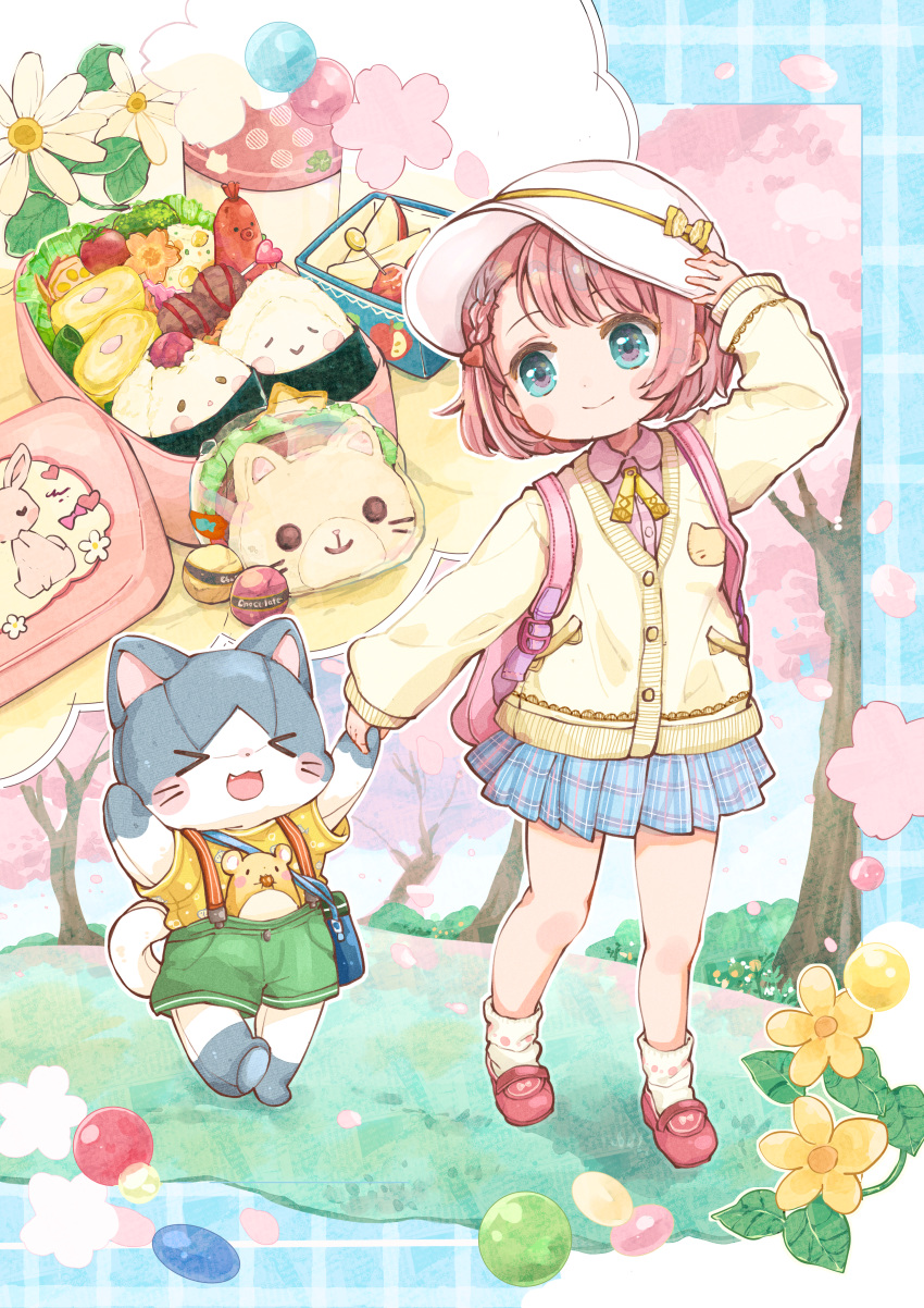 &gt;_&lt; 1girl :3 absurdres ankle_socks apple arm_up backpack bag bangs bento blush bow braid buttons cardigan cat cherry_blossoms child chocolate closed_mouth collared_shirt egg_(food) flower food food_art footwear_bow fruit green_eyes hacosumi hamster hanami hand_on_headwear hat hat_bow hat_ribbon highres holding_hands lace_trim long_sleeves looking_at_another looking_to_the_side mary_janes messenger_bag neck_ribbon onigiri original outdoors patch pink_hair plaid plaid_skirt pleated_skirt polka_dot polka_dot_legwear ribbed_sweater ribbon sandwich seams shirt shoes short_hair shorts shoulder_bag single_braid skirt sleeves_past_wrists smile socks solo stuffed_animal stuffed_cat stuffed_toy suspenders sweater t-shirt tako-san_wiener thermos walking
