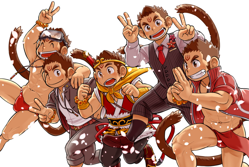 5boys abs animal_ears bead_bracelet beads black_legwear blush bracelet brown_eyes brown_hair bulge chinese_clothes circlet collared_shirt cosplay double_v dragon_ball_(object) dress_shoes ei_(marutendon) facial_mark flower_ornament formal fundoshi furry furry_male gakuran goggles goggles_on_head hand_on_another's_shoulder hanuman_(housamo) jacket japanese_clothes jewelry jumping kuji-in long_sideburns male_focus male_swimwear monkey_boy monkey_ears monkey_tail multiple_boys multiple_persona muscular muscular_male necklace necktie nipples open_mouth pants pectorals petals red_fundoshi red_jacket red_male_swimwear red_necktie school_uniform shirt sideburns smile socks striped striped_pants striped_vest suit sun_wukong sun_wukong_(cosplay) swim_briefs tail teeth tokyo_afterschool_summoners track_jacket v vest white_background