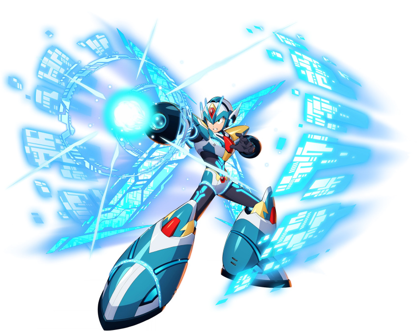 1boy android arm_cannon armor armored_boots black_gloves bodysuit boots clenched_teeth energy_cannon full_body gloves green_eyes helmet highres joints looking_away mega_man_(series) mega_man_x_(character) mega_man_x_(series) mega_man_x_dive mizuno_keisuke neon_trim official_art parted_lips robot robot_joints shoulder_armor solo standing teeth weapon