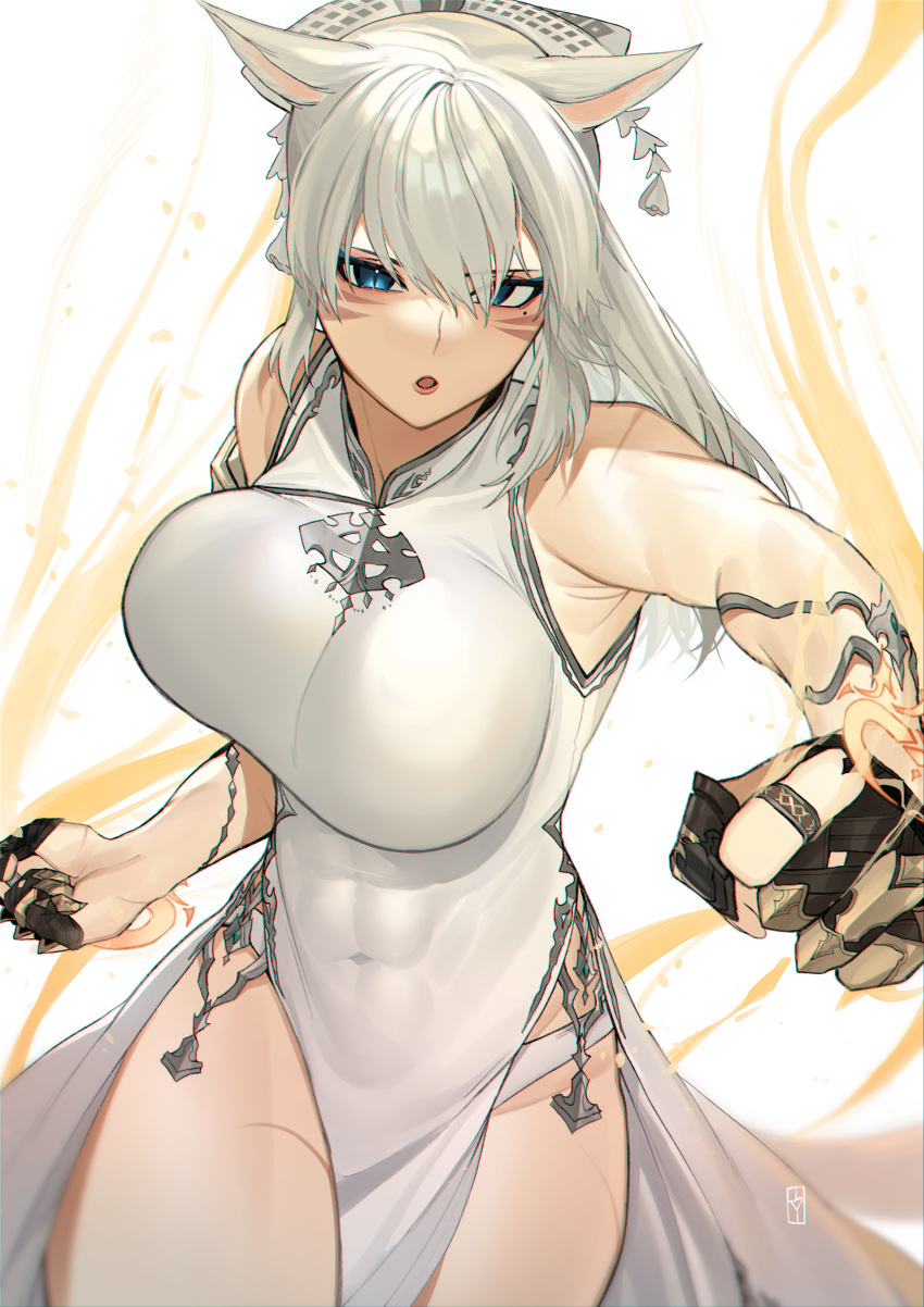 1girl :o abs absurdres animal_ears armpits avatar_(ff14) bangs bare_shoulders blue_eyes breasts cat_ears cat_girl china_dress chinese_clothes dress facial_mark final_fantasy final_fantasy_xiv gauntlets hair_ornament highres incoming_attack incoming_punch large_breasts lilycious miqo'te monk_(final_fantasy) punching side_slit skindentation slit_pupils solo thighs white_dress white_hair