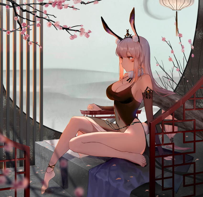 1girl animal_ears anklet barefoot bow braid branch breasts cherry_blossoms collar dress elbow_gloves facepaint facial_mark gloves grey_hair hair_ornament highres hill jewelry kaavi lamp large_breasts long_hair looking_to_the_side mahjong_soul navel no_bra rabbit_ears s2rid side_braid sideboob sitting stone_floor tight tight_dress yellow_eyes yostar