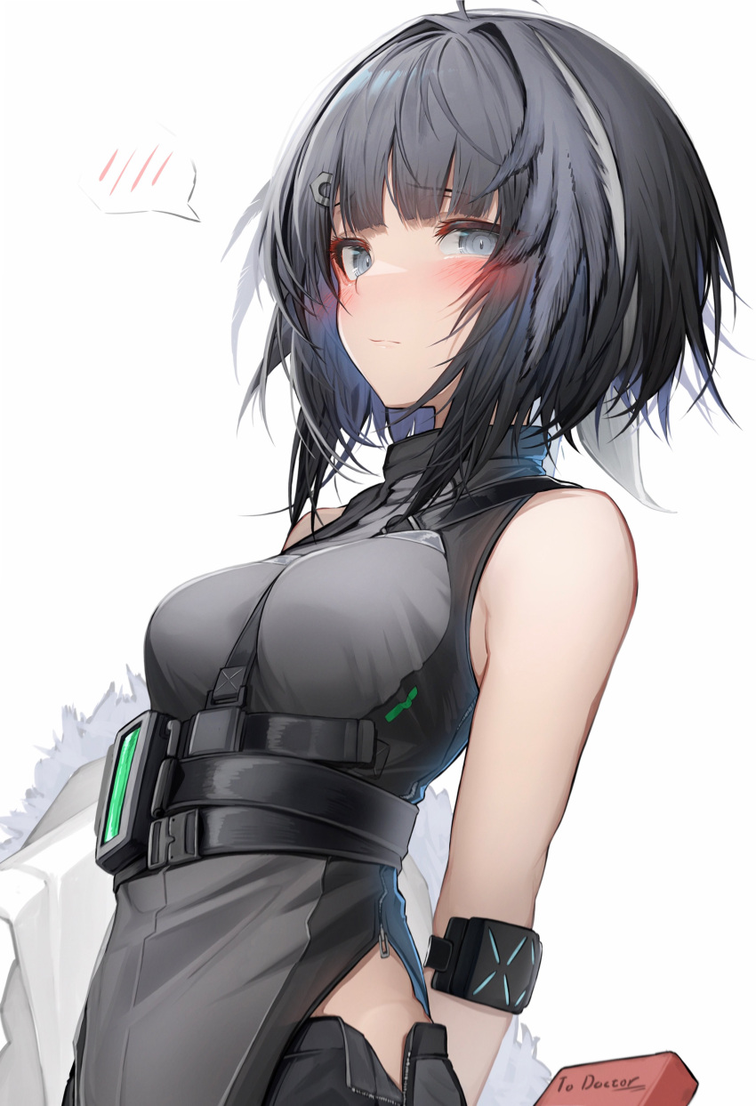 1girl absurdres ahoge arknights bangs between_breasts black_hair blunt_bangs blush breasts closed_mouth commentary_request eyebrows_visible_through_hair feather_hair grey_eyes hair_ornament highres la_pluma_(arknights) looking_at_viewer medium_breasts revision short_hair simple_background sleeveless solo spoken_blush strap_between_breasts tab_head white_background