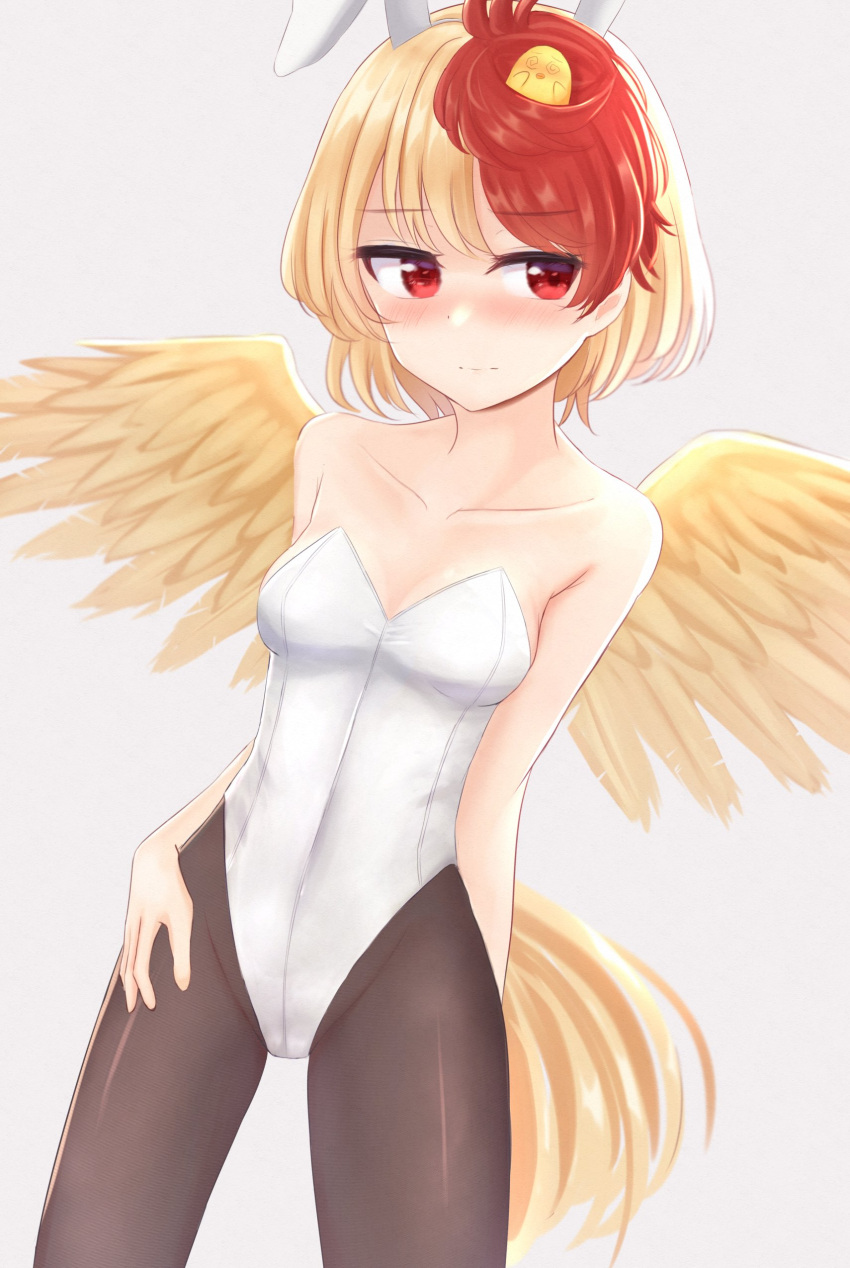 absurdres animal_ears animal_on_head bird bird_on_head bird_tail bird_wings black_legwear blonde_hair blush breasts chick closed_mouth collarbone commentary_request covered_navel dakuazu dutch_angle eyebrows_visible_through_hair fake_animal_ears feathered_wings hand_on_own_thigh highres leotard multicolored_hair niwatari_kutaka on_head pantyhose playboy_bunny rabbit_ears red_eyes redhead small_breasts strapless strapless_leotard tail tail_feathers touhou two-tone_hair white_leotard wings yellow_wings