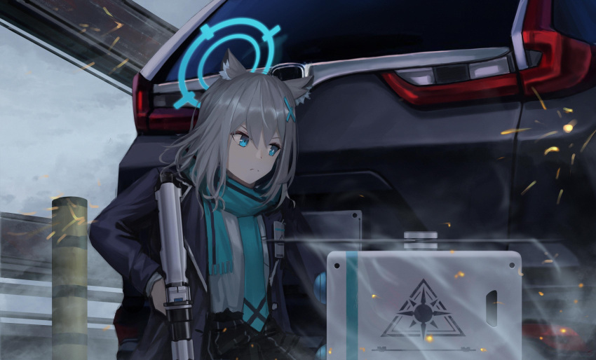 1girl 3v_ju absurdres animal_ears assault_rifle bangs blazer blue_archive blue_eyes blue_scarf car commentary_request eyebrows_visible_through_hair ground_vehicle gun hair_between_eyes hair_ornament hairpin halo heterochromia highres holding holding_gun holding_weapon honda_cr-v jacket long_sleeves looking_afar looking_away motor_vehicle necktie rifle scarf school_uniform shiroko_(blue_archive) short_hair sidelocks solo suitcase taking_cover weapon wolf_ears
