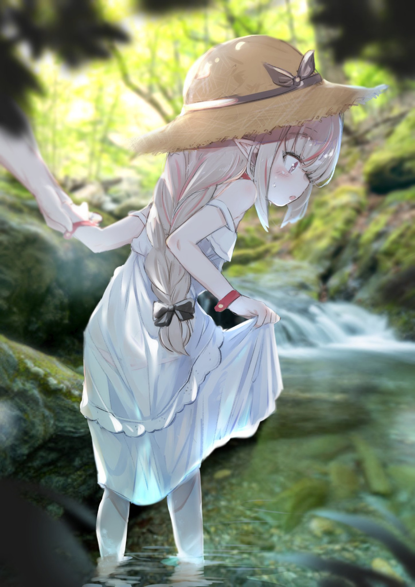 1girl black_bow blush bow braid day dress from_behind grey_hair hair_bow hat hat_bow highres holding_hands long_hair looking_down makaino_ririmu multicolored_hair nijisanji outdoors parted_lips photo_background pointy_ears red_eyes river single_braid skirt_hold solo_focus straw_hat streaked_hair sundress utsusumi_kio wading white_dress wide-eyed wristband