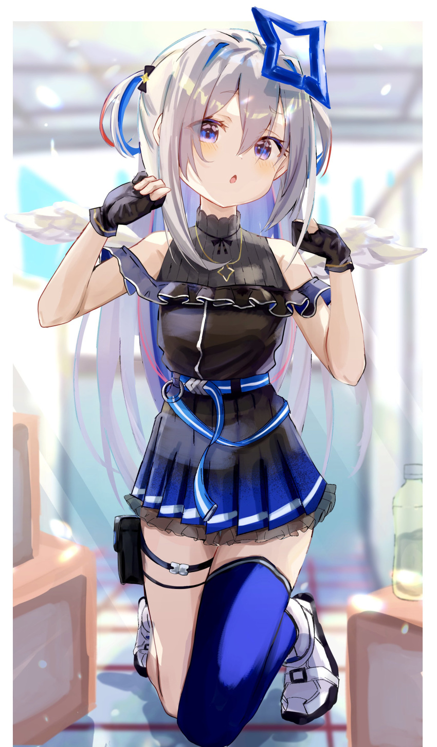 1girl absurdres amane_kanata angel_wings belt blue_hair colored_inner_hair frills gloves highres hololive long_hair miniskirt multicolored_hair nosu_(pewk_x4b) partially_fingerless_gloves shoes silver_hair single_thighhigh skirt sleeveless sneakers solo streaked_hair thigh-highs thigh_pouch thigh_strap two_side_up violet_eyes virtual_youtuber wings zettai_ryouiki