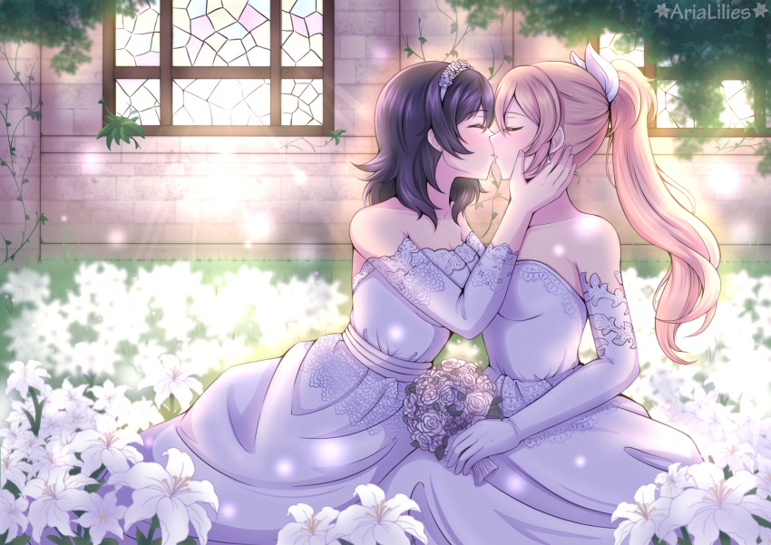 2girls absurdres artist_name bare_shoulders black_hair blonde_hair breasts closed_eyes collarbone commentary dress elbow_gloves english_commentary flower from_side gloves hand_on_another's_face highres kiss lewdlilies lily_(flower) medium_hair menou_(virgin_road) multiple_girls ponytail shokei_shoujo_no_virgin_road sitting small_breasts strapless strapless_dress sunlight tokitou_akari wedding_dress white_dress white_gloves wife_and_wife window yuri