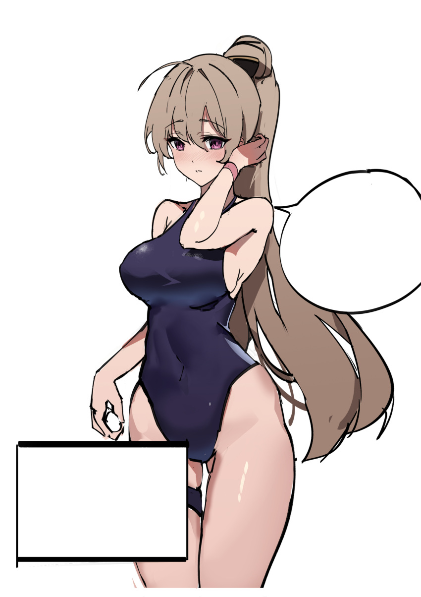 1girl ass_visible_through_thighs azur_lane bangs blue_swimsuit blush breasts brown_eyes brown_hair eyebrows_visible_through_hair hair_between_eyes hand_on_own_head highres jean_bart_(azur_lane) large_breasts maanu one-piece_swimsuit ponytail sideboob solo speech_bubble swimsuit thigh_strap white_background