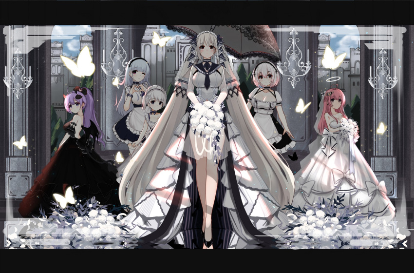 6+girls absurdly_long_hair ahoge alternate_costume azur_lane backless_dress backless_outfit bare_legs black_dress bouquet breasts bug butterfly demon_horns dido_(azur_lane) dress flower formidable_(azur_lane) formidable_(timeless_classics)_(azur_lane) full_body halo horns large_breasts little_bel_(azur_lane) long_hair multiple_girls official_alternate_costume perseus_(azur_lane) rose sirius_(azur_lane) twintails unicorn_(azur_lane) very_long_hair white_dress white_flower white_rose wulala