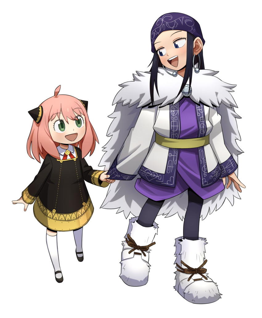 2girls ahoge ainu ainu_clothes anya_(spy_x_family) asirpa black_dress black_footwear black_hair blue_eyes blush cape collared_shirt dress earrings eden_academy_uniform eyebrows_visible_through_hair flowers-imh full_body fur_cape fur_collar fur_footwear golden_kamuy green_eyes highres hoop_earrings japanese_clothes jewelry kimono long_hair long_sleeves looking_at_another multiple_girls pantyhose pink_hair purple_bandana purple_kimono school_uniform shirt spy_x_family wide_sleeves