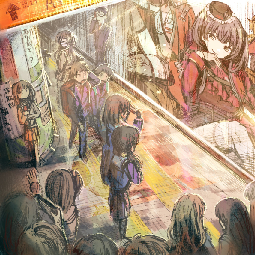 ad backpack bag bangs black_hair cellphone crowd crowded exit_sign fuyuno_(ramentaro23) hat highres idolmaster idolmaster_shiny_colors jacket long_hair long_sleeves mask mayuzumi_fuyuko mini_hat mural phone pillar poster_(object) red_jacket red_shirt school_uniform shirt station subway_station wall