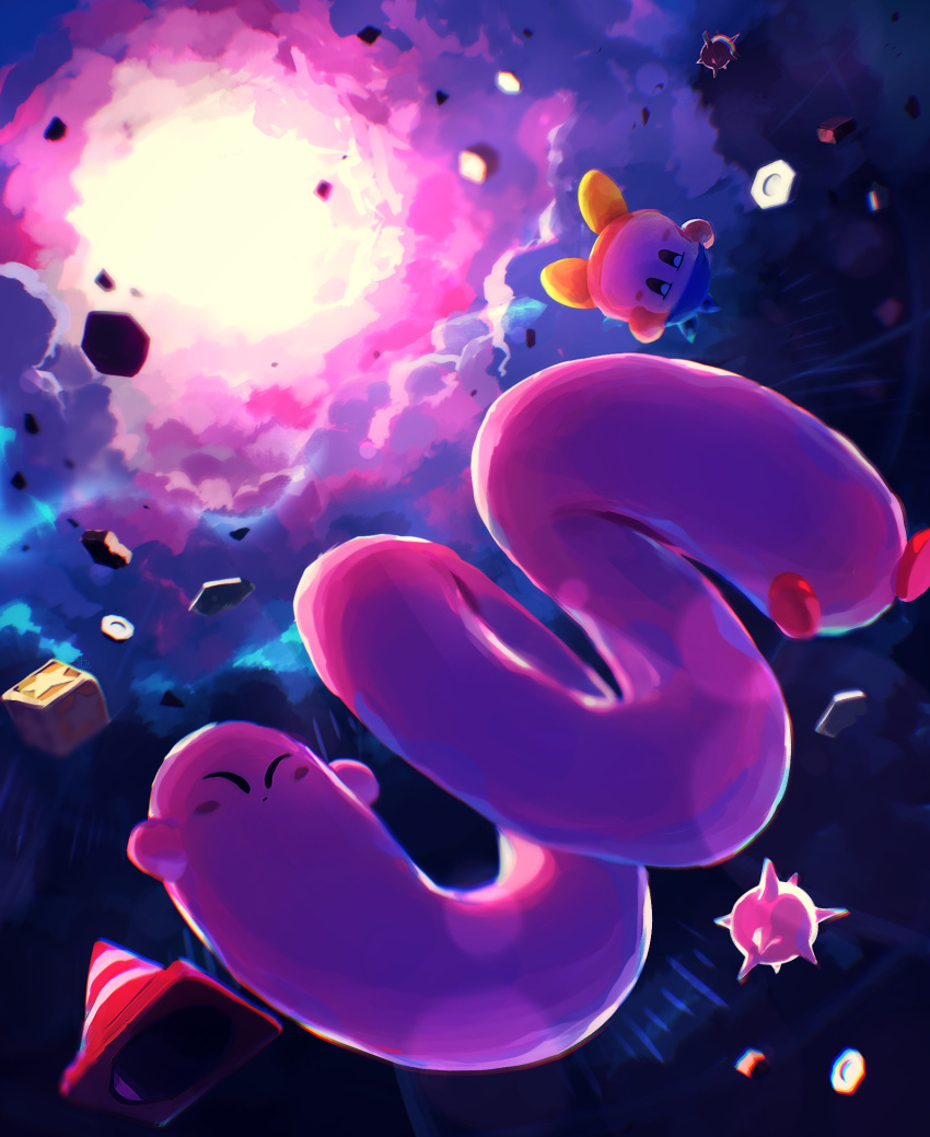 ball_and_chain_(weapon) bandana bandana_waddle_dee closed_eyes clouds cloudy_sky cone creature cube dark floating floating_object highres kirby kirby's_dream_land kirby_(series) kirby_and_the_forgotten_land oomoto_makiko outdoors sky spiked_ball_and_chain suyasuyabi waddle_dee