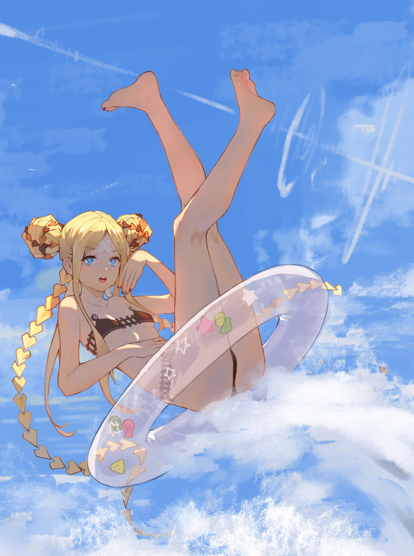 1girl abigail_williams_(emerald_float)_(fate) abigail_williams_(fate) absurdres adapted_costume bandaid bandaid_on_face bandaid_on_forehead bangs bare_arms bare_legs bare_shoulders barefoot bikini black_bikini black_bow blonde_hair blue_eyes blush bow breasts double_bun fate/grand_order fate_(series) feet full_body hair_bow highres innertube long_hair long_legs looking_at_viewer multiple_bows official_alternate_costume open_mouth orange_bow sidelocks small_breasts soles solo swimsuit toes user_capk3588