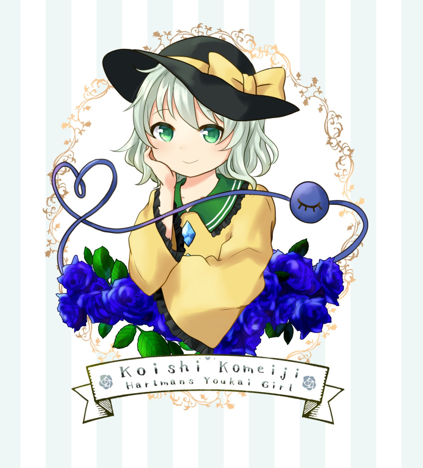 1girl blue_background blue_flower blue_rose bow buttons character_name closed_mouth collared_shirt commentary_request diamond_button eyeball flower frilled_shirt_collar frilled_sleeves frills green_eyes green_hair hand_on_own_face happy hat hat_bow heart heart_of_string highres komeiji_koishi light_green_hair long_sleeves looking_at_viewer medium_hair pppia725 rose shirt simple_background smile solo striped striped_background sun_hat third_eye touhou two-tone_background upper_body wavy_hair white_background wide_sleeves yellow_bow yellow_shirt