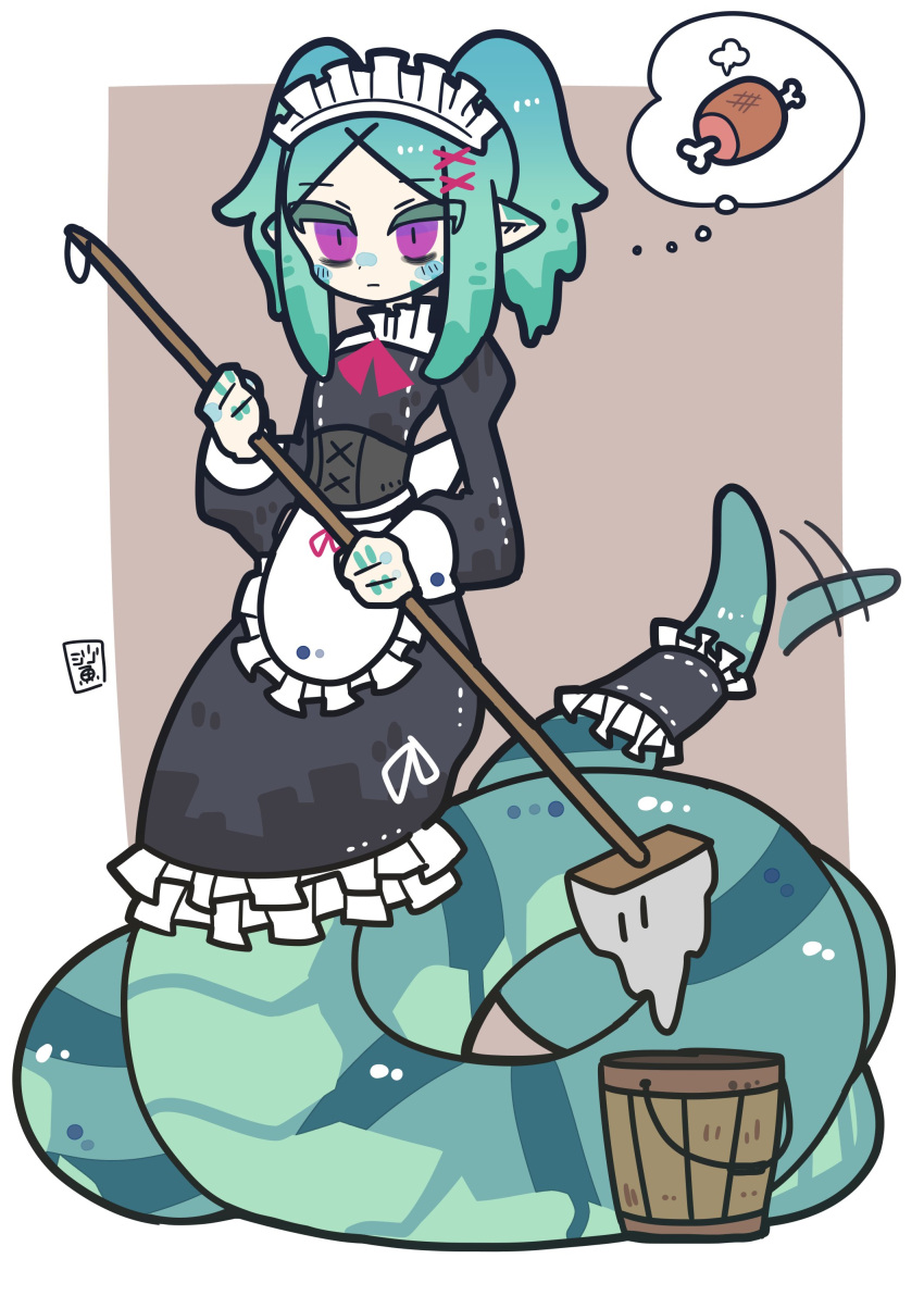 1girl absurdres apron back_bow boned_meat bow brown_background bucket colored_tips corset dress expressive_tail food frilled_apron frilled_dress frills full_body gradient_hair green_hair green_scales highres holding holding_mop hz_ebfry lamia long_sleeves maid maid_apron maid_headdress meat monster_girl mop multicolored_hair neck_ribbon original pointy_ears ribbon scales sidelocks signature sleeve_cuffs slit_pupils snake_tail solo tail tail_garter tail_ornament tail_wagging thinking thought_bubble two_side_up violet_eyes
