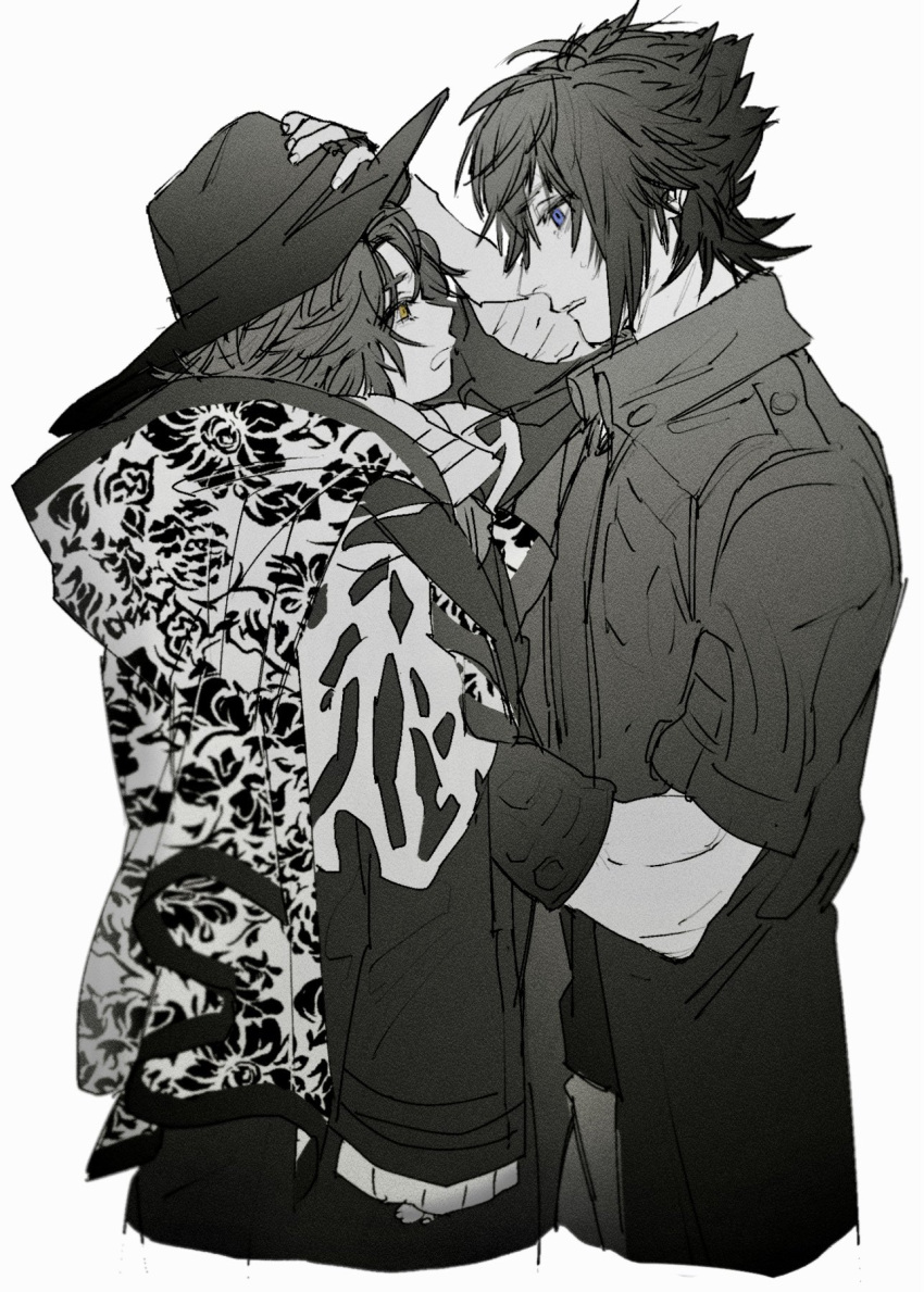 2boys ardyn_izunia bangs blue_eyes child final_fantasy final_fantasy_xv floral_print gloves greyscale hair_between_eyes hat highres holding holding_clothes holding_hat inuue15 jacket monochrome multiple_boys noctis_lucis_caelum parted_bangs parted_lips short_sleeves spiky_hair upper_body white_background yellow_eyes younger