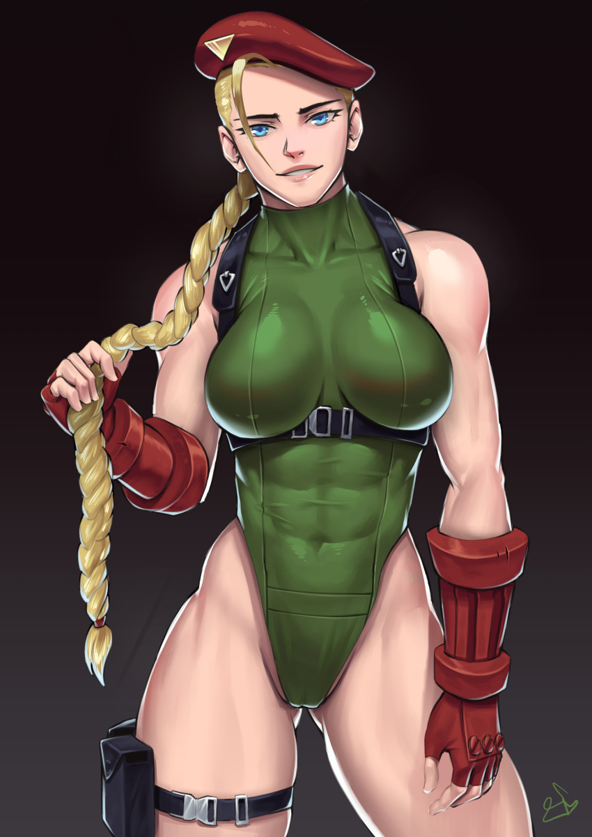 1girl absurdres ahoge ass_visible_through_thighs black_background blonde_hair blue_eyes braid breasts cammy_white chest_harness collarbone covered_abs covered_navel english_commentary facing_viewer fingerless_gloves forehead gloves green_leotard hair_over_shoulder harness head_tilt highleg highleg_leotard highres huge_ahoge impossible_clothes impossible_leotard large_breasts leotard lips long_hair looking_at_viewer muscular muscular_female red_gloves revision signature smile solo speedl00ver standing street_fighter street_fighter_v thick_thighs thigh_pouch thigh_strap thighs twin_braids vambraces