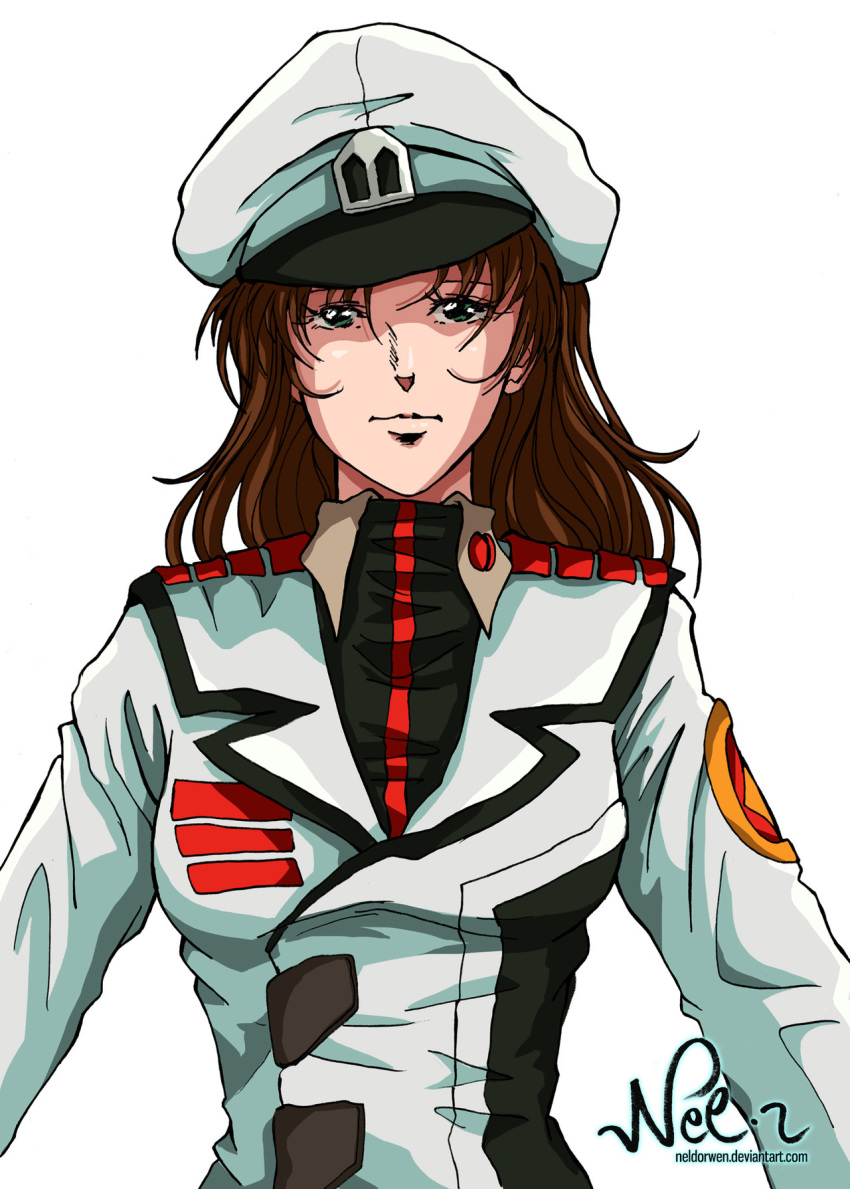 1980s_(style) 1girl brown_hair english_commentary good_end hat hayase_misa highres long_hair macross macross_flashback_2012 military military_uniform neldorwen officer official_style retro_artstyle scan science_fiction serious signature simple_background sketch u.n._spacy uniform upper_body