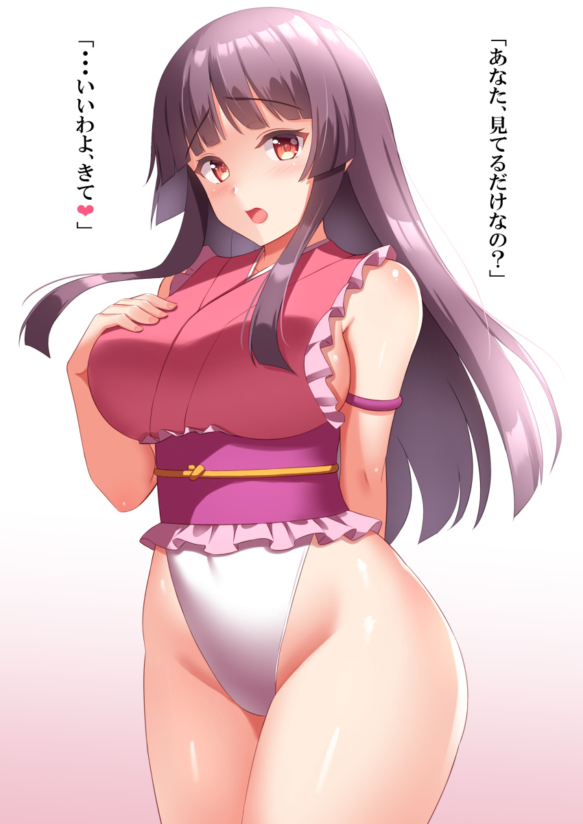1girl absurdres adapted_costume bangs blunt_bangs blush breasts eyebrows_visible_through_hair frills gradient gradient_background hand_on_own_chest highleg highres houraisan_kaguya large_breasts leotard long_hair looking_at_viewer open_mouth pink_background red_eyes simple_background solo thighs tokyo_yamane touhou white_background