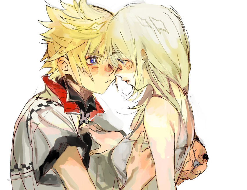 1boy 1girl blonde_hair blue_eyes blush breasts couple dress hair_between_eyes hand_on_another's_chest hands_on_another's_back high_collar imminent_kiss kingdom_hearts kingdom_hearts_ii medium_breasts medium_hair namine open_collar roxas short_sleeves spiky_hair talesofmea upper_body white_background white_dress