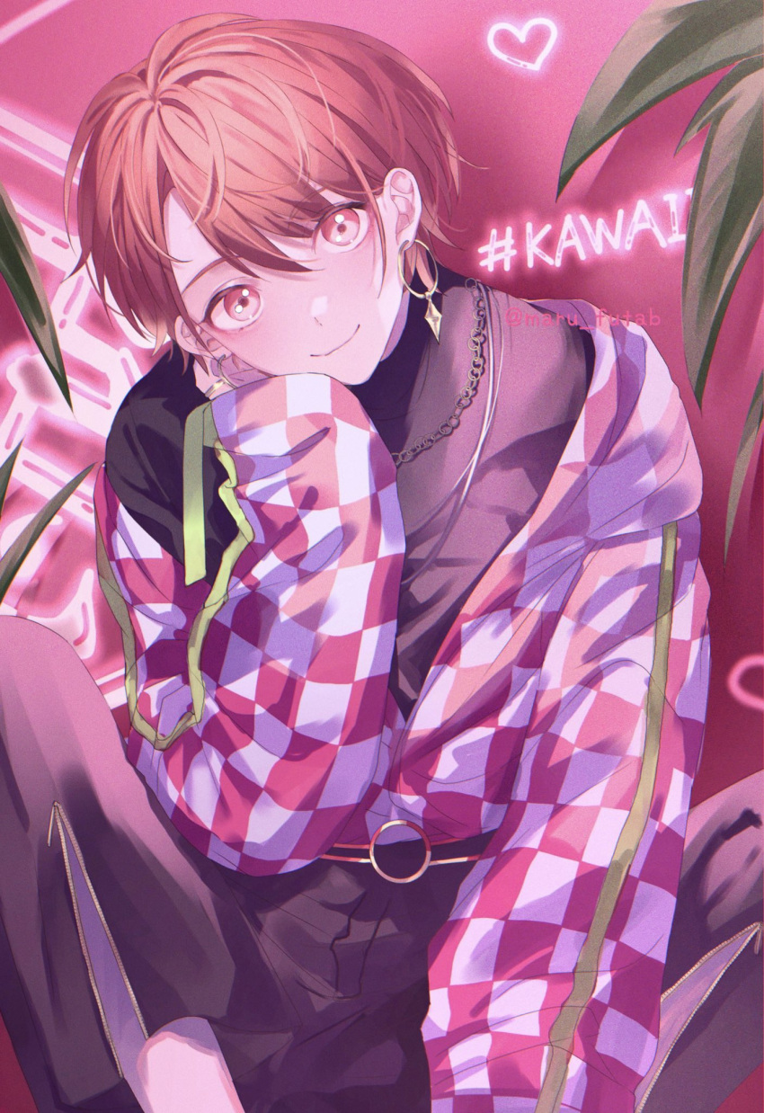 1boy blush checkered_clothes checkered_sleeves earrings facing_viewer head_rest heart highres jewelry long_sleeves looking_at_viewer male_focus maru_futab maruyama_reo paradox_live pink_background red_eyes redhead short_hair solo