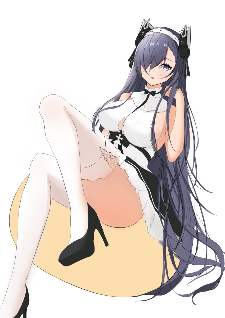 1220887331 1girl absurdres august_von_parseval_(azur_lane) azur_lane bare_arms bare_shoulders between_breasts black_footwear breasts center_opening commentary_request constricted_pupils cross-laced_clothes dress eyelashes forehead frilled_dress frills full_body hair_ornament hair_over_one_eye high_heels highres knee_up large_breasts long_hair open_mouth pumps simple_background sitting sleeveless solo thigh-highs thighs violet_eyes white_background white_legwear