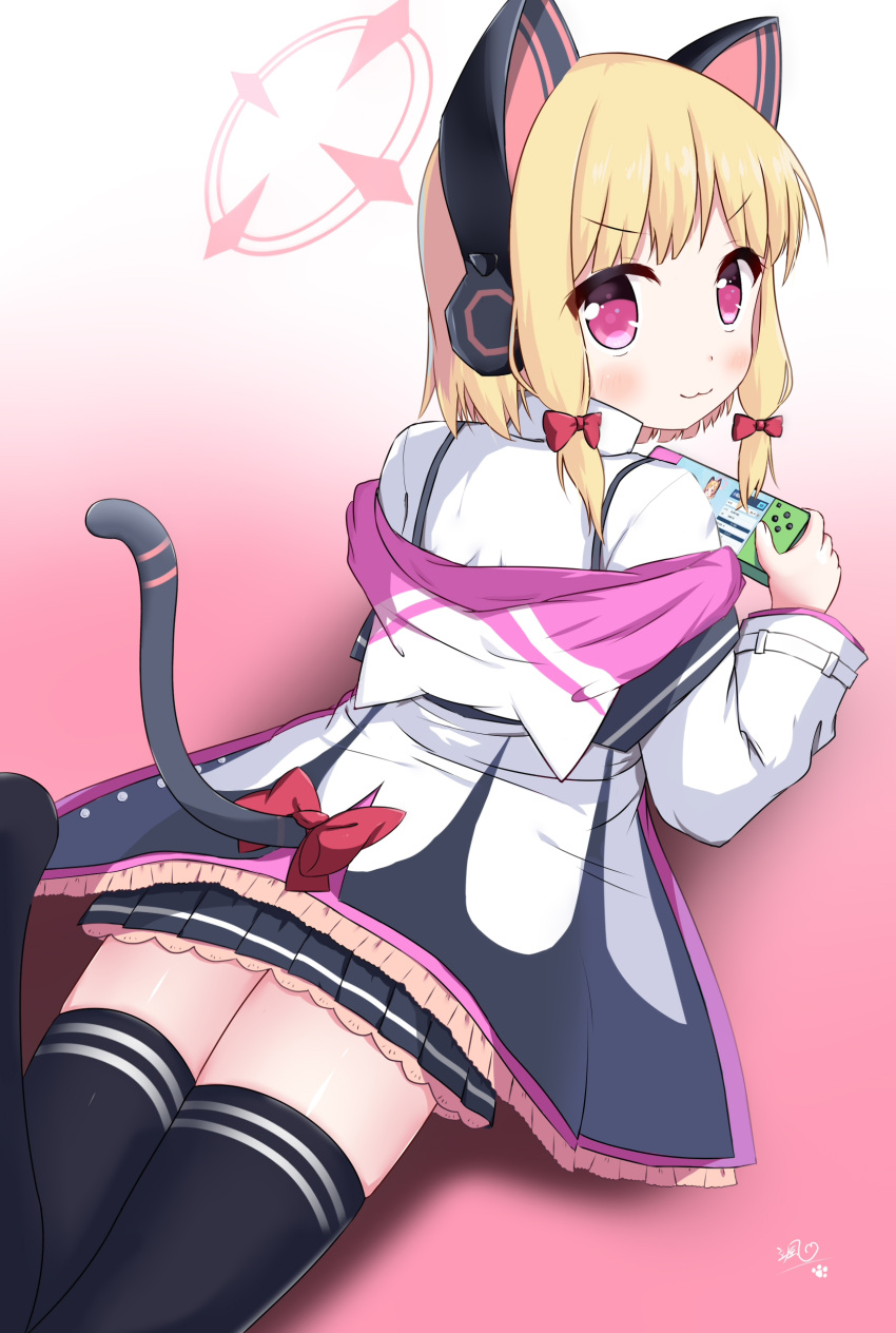 1girl :3 absurdres animal_ears bangs black_legwear black_skirt blonde_hair blue_archive blush bow cat_ear_headphones cat_ears cat_tail closed_mouth collared_shirt commentary_request eyebrows_visible_through_hair fake_animal_ears from_above from_behind gradient gradient_background hair_bow halo handheld_game_console headphones highres holding jacket leg_up long_sleeves looking_at_viewer looking_back looking_up lying meta momoi_(blue_archive) no_shoes on_stomach pink_background pleated_skirt red_bow shirt sidelocks signature skirt solo tail thigh-highs v-shaped_eyebrows violet_eyes white_background white_jacket white_shirt xiaosamiao