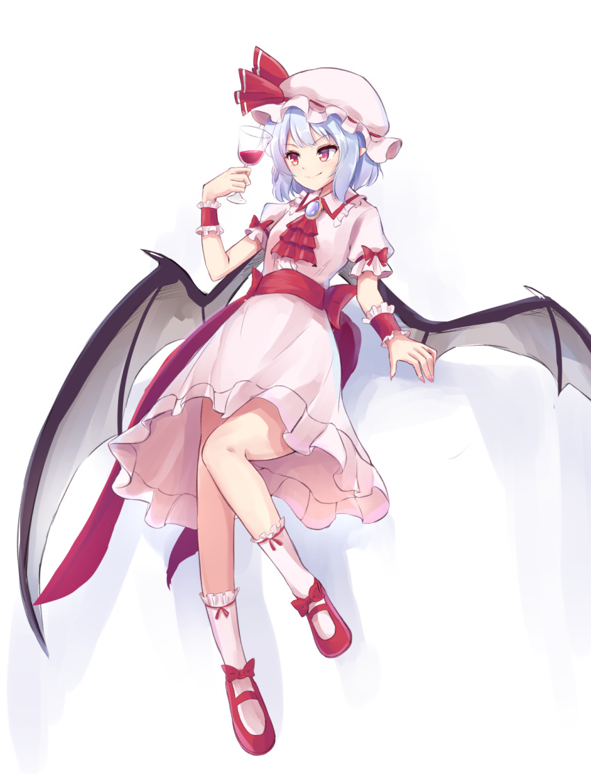 1girl ascot back_bow bat_wings black_wings blue_hair bow brooch center_frills collared_dress commentary_request cup dress frilled_dress frills hat hat_ribbon highres holding holding_cup jewelry kachuten mary_janes mob_cap pink_dress pink_headwear pointy_ears red_ascot red_eyes red_footwear red_ribbon red_sash remilia_scarlet ribbon sash shoes short_hair simple_background solo touhou white_background white_legwear wings wristband