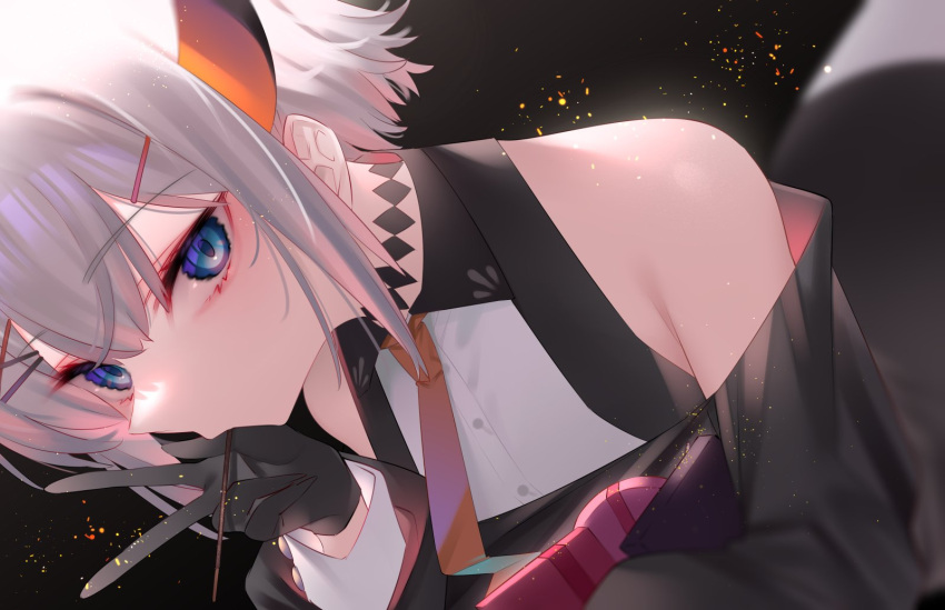1girl 7zu7 bangs bare_shoulders black_choker black_gloves blue_eyes choker collared_shirt commentary_request eyebrows_visible_through_hair gloves hair_between_eyes hair_ornament hairclip highres horns levi_elipha looking_at_viewer necktie nijisanji orange_necktie pocky_in_mouth shirt short_hair_with_long_locks silver_hair sleeveless sleeveless_shirt solo v x_hair_ornament