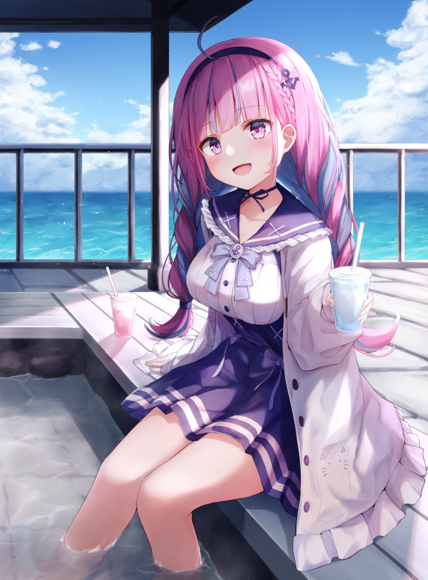 1girl :d ahoge anchor_hair_ornament bangs blue_hair blue_skirt blue_sky blush bow braid breasts buttons choker clouds cloudy_sky coat collarbone colored_inner_hair commentary_request cup day drinking_straw eyebrows_visible_through_hair hair_ornament hair_ribbon hairband highres holding holding_cup hololive horizon knees large_breasts long_hair looking_at_viewer low_twin_braids minato_aqua multicolored_hair ocean open_clothes open_coat open_mouth outdoors pink_hair pleated_skirt ribbon ribbon_choker shirt shirt_tucked_in shishou_(doragyurosu) sitting skirt sky smile soaking_feet solo streaked_hair twin_braids two-tone_hair violet_eyes virtual_youtuber white_coat white_shirt
