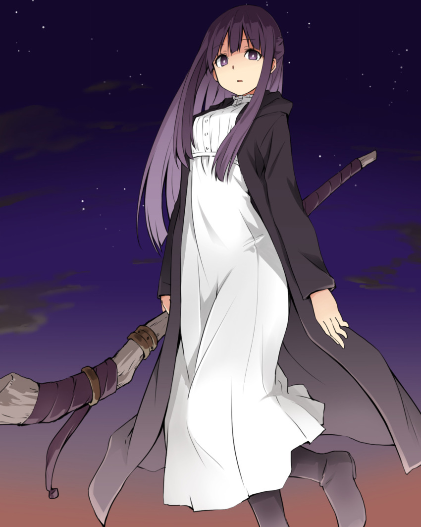 1girl arms_at_sides bangs black_coat black_footwear boots coat dress feet_out_of_frame fern_(sousou_no_frieren) floating half_updo highres holding holding_staff kagiana long_hair long_sleeves looking_at_viewer night night_sky parted_lips purple_hair sidelocks sky sousou_no_frieren staff star_(sky) straight_hair violet_eyes white_dress